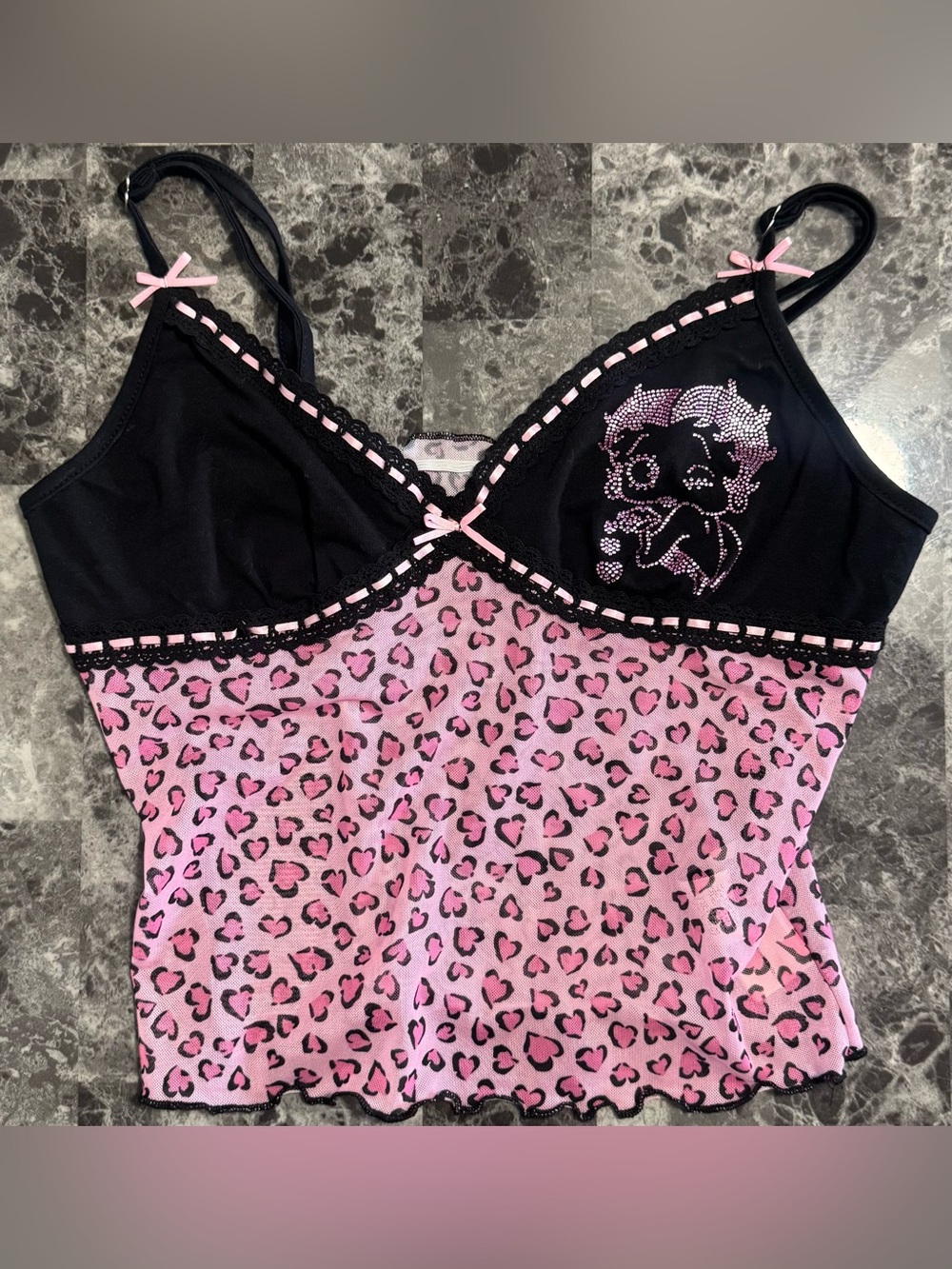 Betty Boop Pink Leopard Print and Black Lace Trim Camisole Top